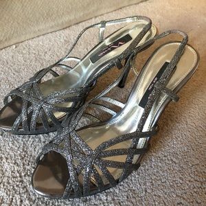 Formal glitter/metallic open toed heels